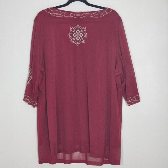 Lane Bryant Top 26/28 Burgundy Mandala Embroidery Lined Sheer SS Round Neck Boho - Picture 2 of 16